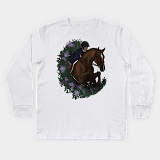 Bay Hunter Horse Jumping in Spring Flowers Kids Long Sleeve T-Shirt